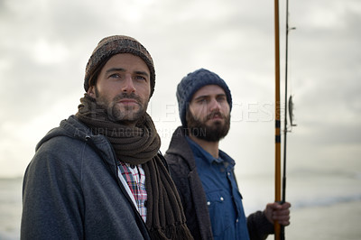 Buy stock photo Fisherman, friends and gear with face for fishing in the morning by sea with happiness, bonding and sky. Friendship, men and smile with gear, rod and overcast by water for hobby, holiday and activity