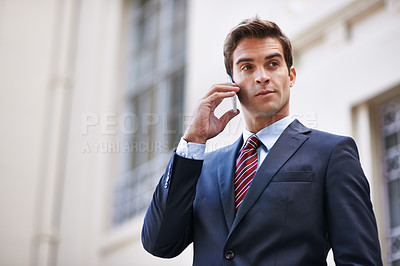 Buy stock photo Phone call, contact and business man in city for corporate, communication and consulting. Networking, technology and conversation with male employee in outdoors for feedback, planning and chat