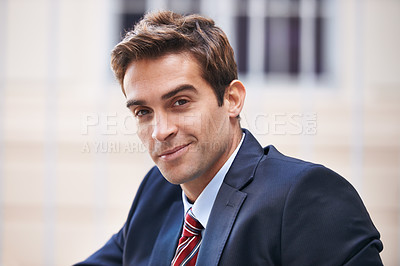 Buy stock photo City, confident and portrait of business man for morning commute, travel and journey to office. Professional, corporate worker and person in urban town for entrepreneurship, job and career ambition
