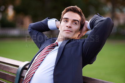 Buy stock photo Businessman, park and bench with thinking for relax, idea and fresh air on sunny day in New York. Corporate, man and face with hands on head with confidence for vision, rest or break in nature