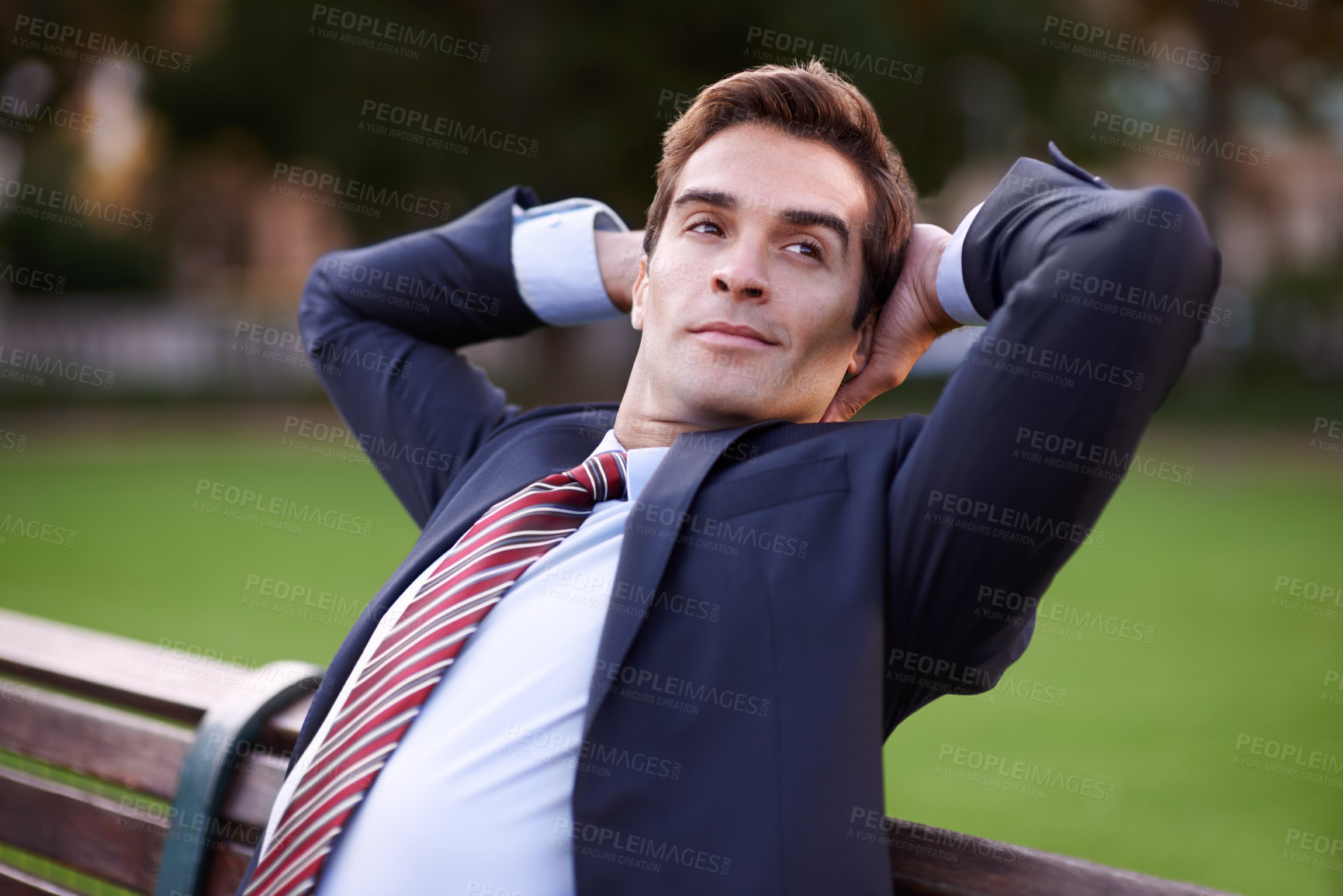 Buy stock photo Businessman, park and bench with thinking for relax, idea and fresh air on sunny day in New York. Corporate, man and face with hands on head with confidence for vision, rest or break in nature