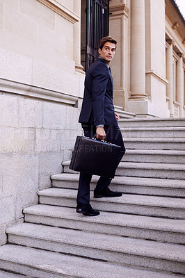 Buy stock photo Business, briefcase and man walking on stairs outside law firm in city with evening commute, sidewalk and court building. Businessman, lawyer or attorney on outdoor steps with bag for urban travel.