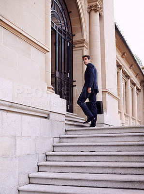 Buy stock photo Business, briefcase and man walking into law firm in city with evening commute, stairs and court building. Businessman, lawyer or attorney on outdoor steps with formal bag for urban travel from work