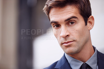 Buy stock photo Face, business and portrait of serious man in city for morning commute, travel and journey. Professional, corporate worker and confident person in urban town for entrepreneurship, job and career