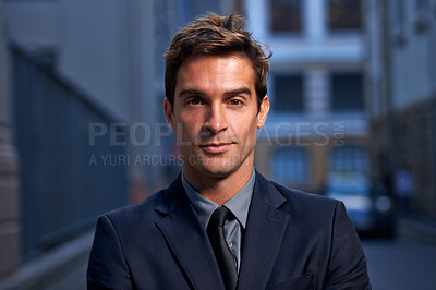 Buy stock photo City, evening and portrait of business man on commute for career, working or job in urban town. Professional, corporate worker and face of person at night with confidence, pride and serious in London