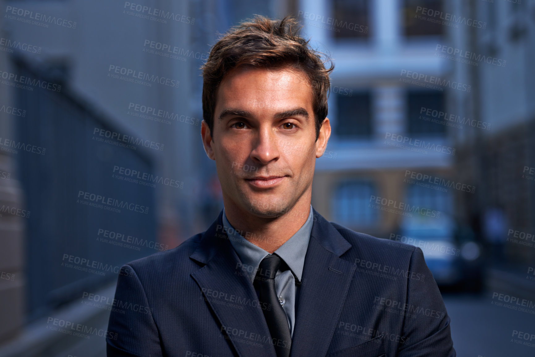 Buy stock photo City, evening and portrait of business man on commute for career, working or job in urban town. Professional, corporate worker and face of person at night with confidence, pride and serious in London