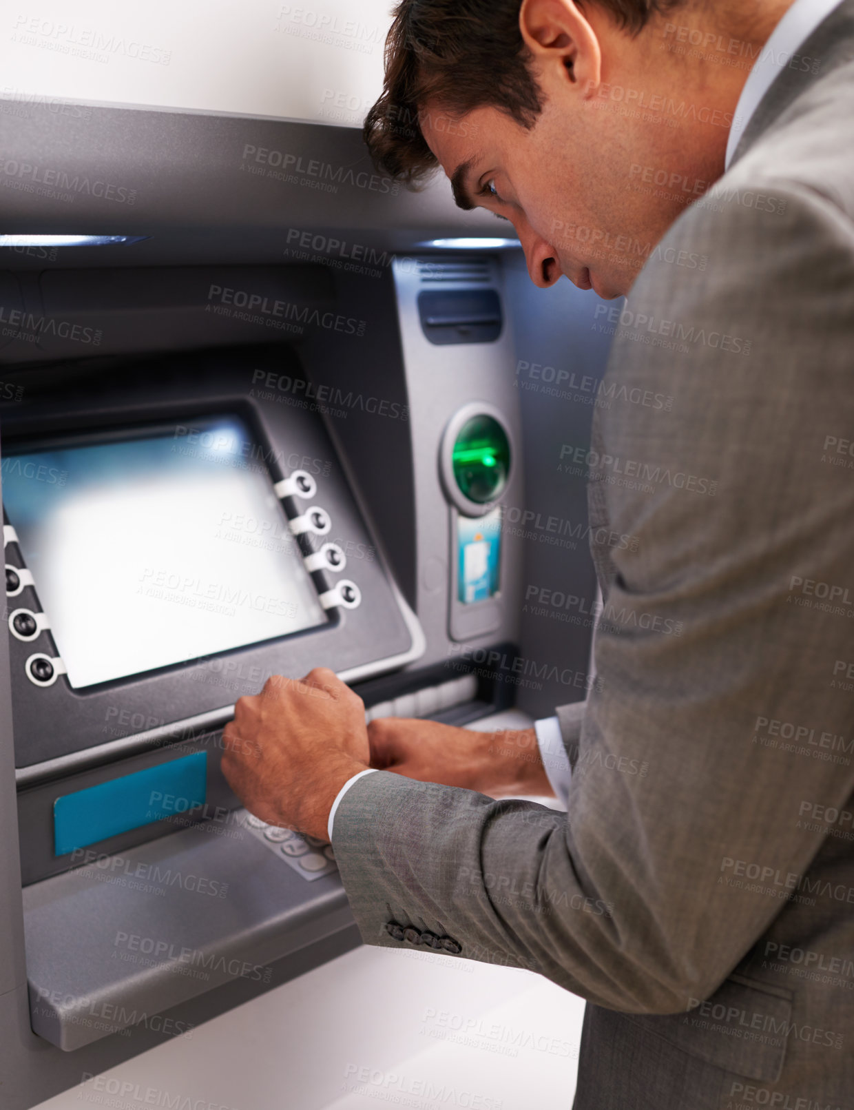 Buy stock photo Businessman, ATM and typing pin for cash withdrawal, security or privacy in financial safety at money machine. Man in business suit on electronic banking system for deposit, investment or finance