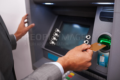 Buy stock photo Businessman, hands and credit card at ATM machine for banking, cash withdrawal or money transfer on account. Closeup of man or investor inserting debit for fintech, interaction or electronic deposit