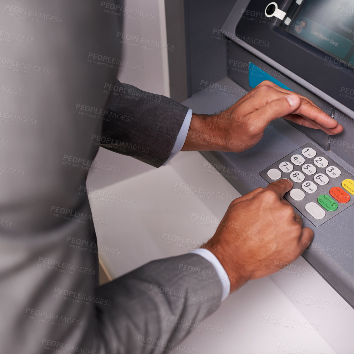 Buy stock photo Businessman, hands and typing pin on ATM for banking, privacy or security at money machine. Closeup of man entering digit or secret code for cash withdrawal, deposit or finance at electronic system