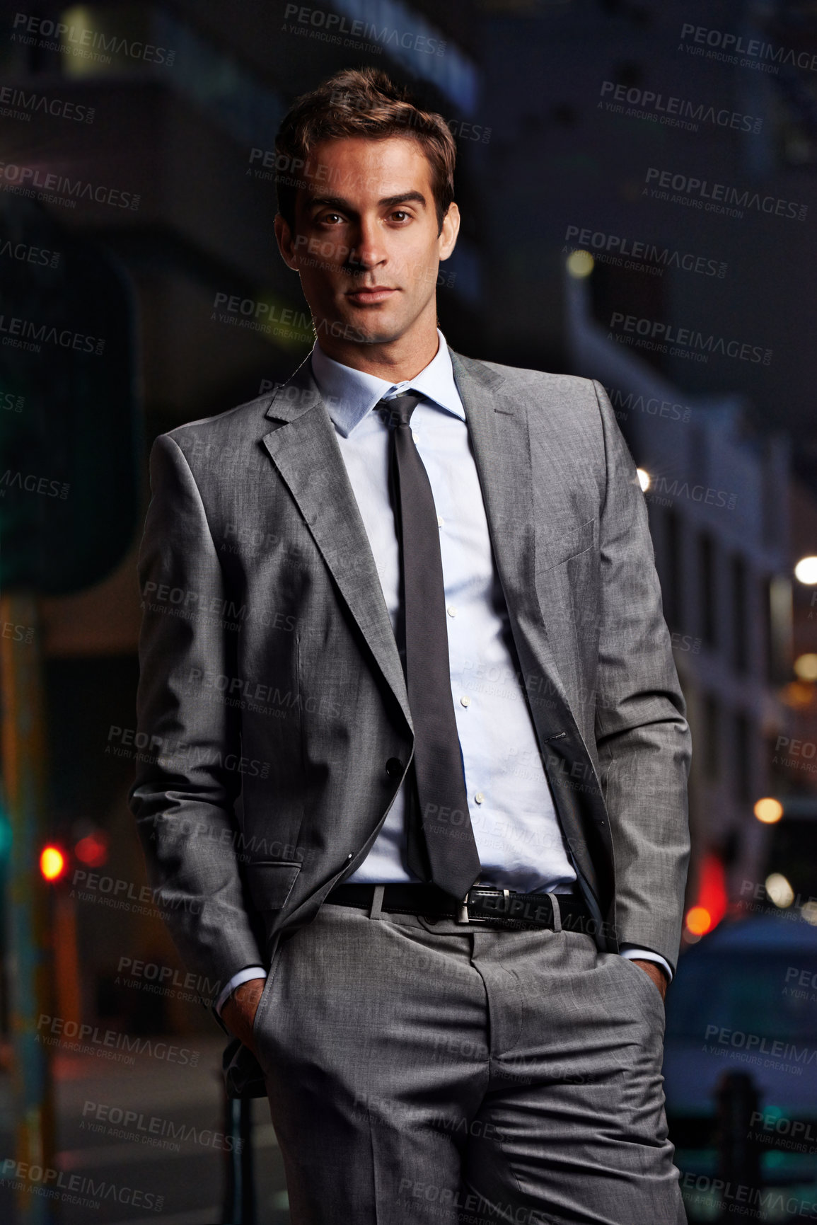 Buy stock photo Fashion, night and portrait of businessman in city for commute, travel from office and style. Professional, corporate worker and person in urban town for entrepreneurship, job and career in London