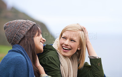 Buy stock photo Friends, happy and women on mountain for adventure on holiday, vacation and weekend outdoors. Nature, travel and people talking by seaside for relaxing, happiness and bonding together in countryside