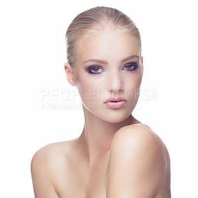 Buy stock photo Woman, face and beauty with makeup cosmetics, skincare or product isolated on a white studio background. Portrait of female person or model with facial treatment in self care or love on mockup space