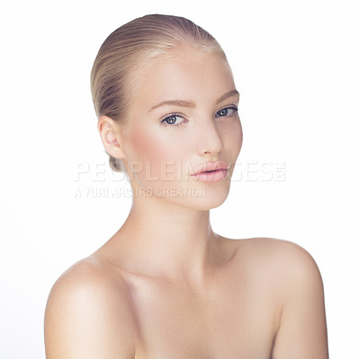 Buy stock photo Portrait, skincare and woman with beauty, dermatology and wellness isolated on a white studio background. Face, person and model with natural shine or glow with cosmetics and makeup with healthy skin