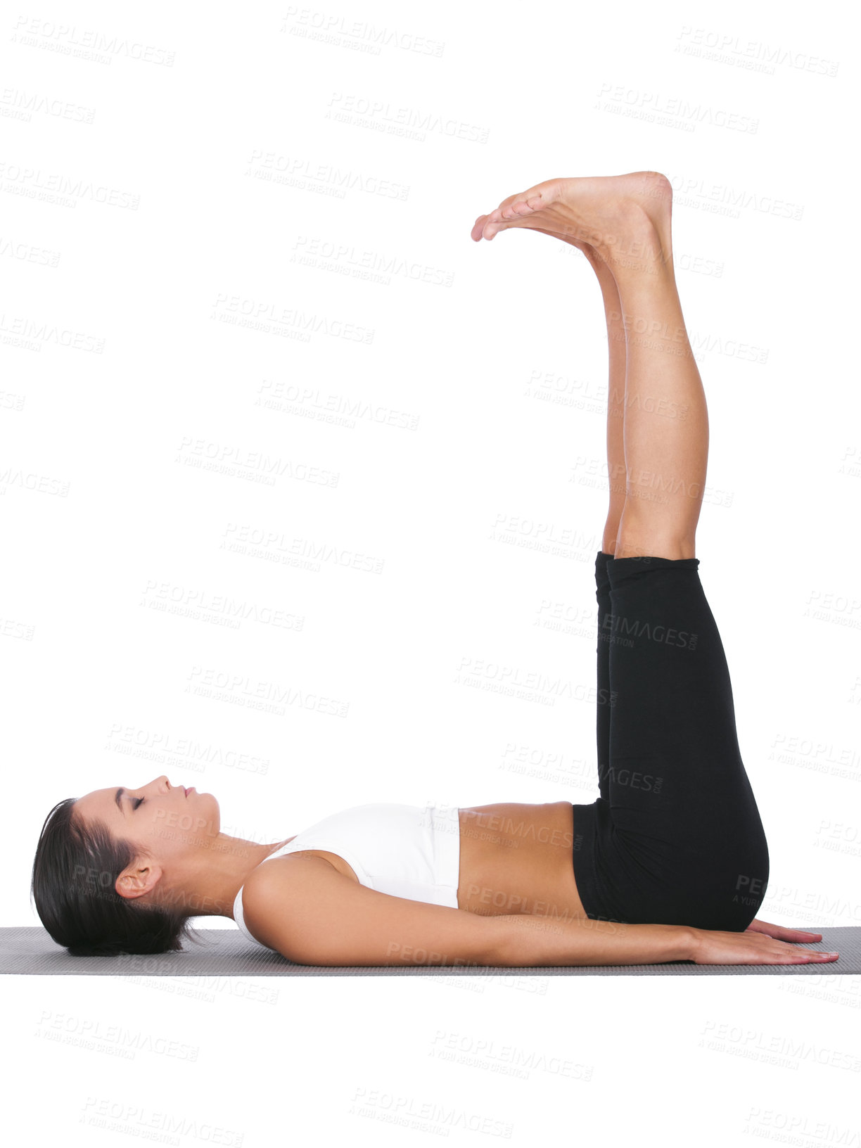 Buy stock photo Woman, yoga and stretching legs in pilates for exercise, training or workout on a white studio background. Female person or yogi in body warm up, balance or pose for zen or fitness on mockup space