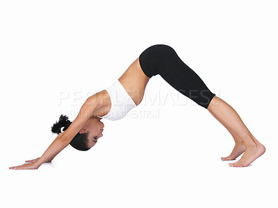 Buy stock photo Woman, yoga and stretching body in workout, exercise or training on a white studio background. Young female person or yogi in warm up, balance or pose for zen, pilates or fitness on mockup space