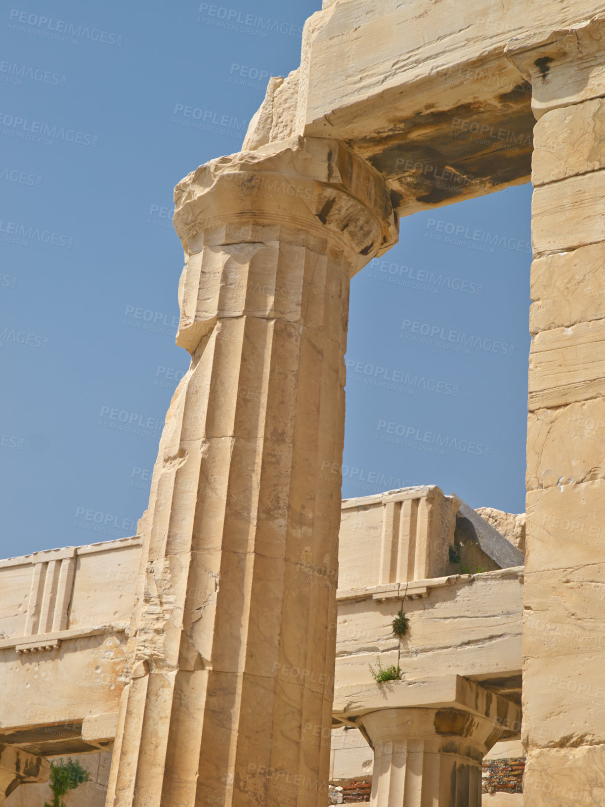 Buy stock photo Greek history, ancient pillar or city with keystone arch, architectural detail for tourist attraction site. Traditional, outdoor or crumbling stone of temple building for culture in Acropolis Greece