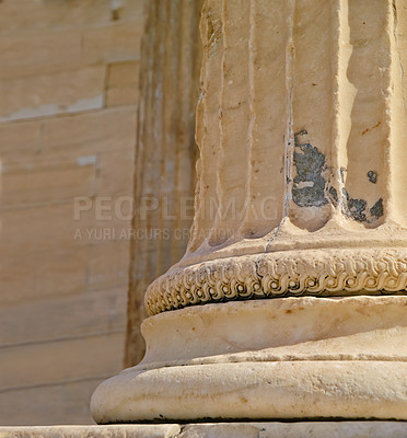 Buy stock photo Greek history, ancient pillar or closeup of keystone arch, architectural detail for tourist attraction site. Background, outdoor or stone columns of temple building for culture in Acropolis, Greece