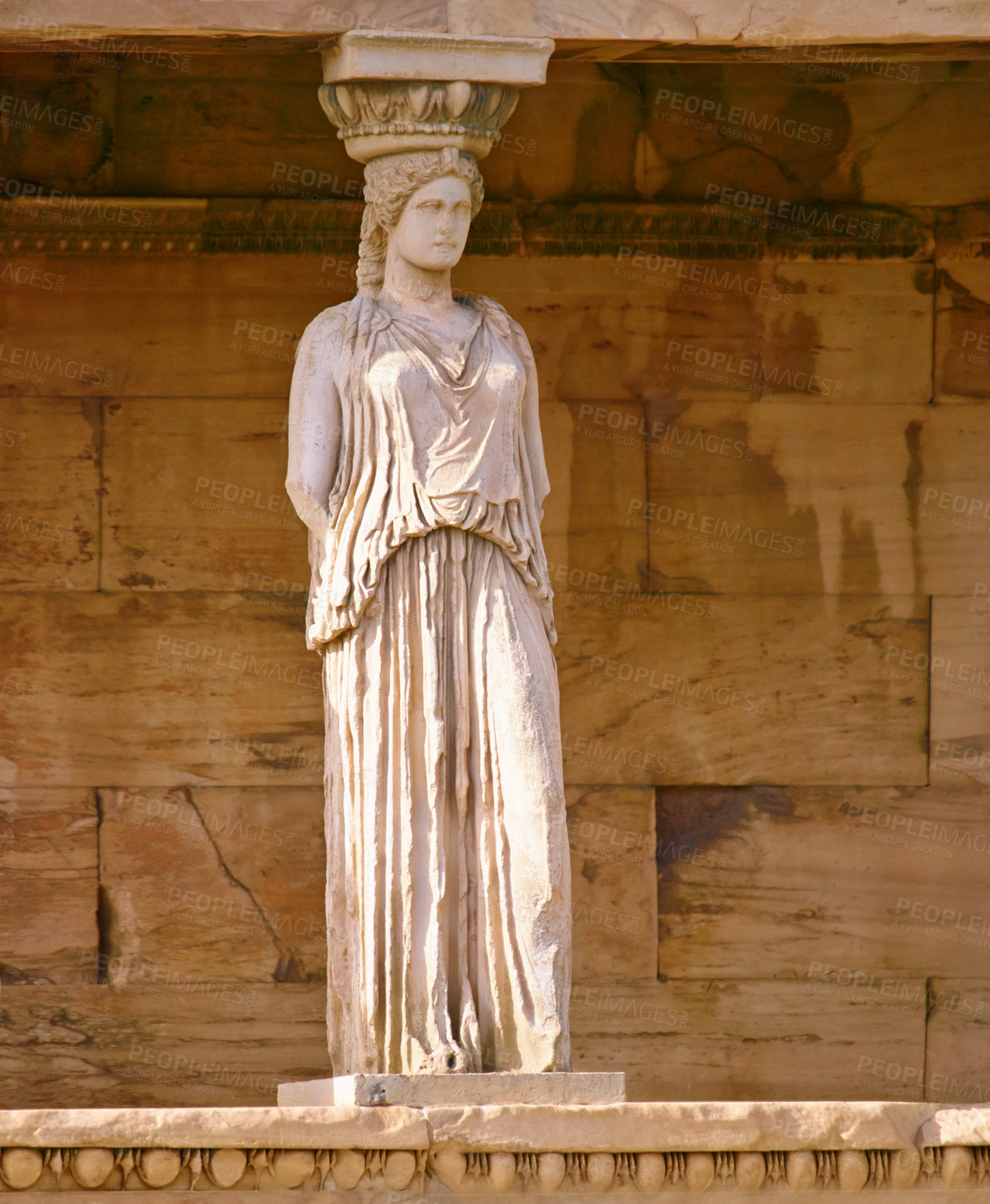 Buy stock photo Greek history, ancient pillar or statue with keystone arch, architectural detail or tourist attraction site. Background, outdoor or stone sculpture of temple building for culture in Acropolis, Greece