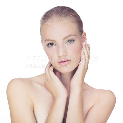 Buy stock photo Portrait, cosmetics and woman with skincare, self care and confident girl isolated in a white studio background. Face detox, female person or model with dermatology, natural beauty or morning routine