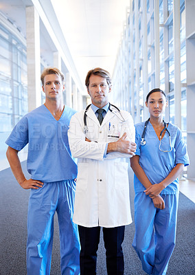 Buy stock photo Teamwork, crossed arms and portrait of doctors in hospital for medical service, insurance and support. Healthcare workers, lab and men and women in clinic for collaboration, consulting and medicine