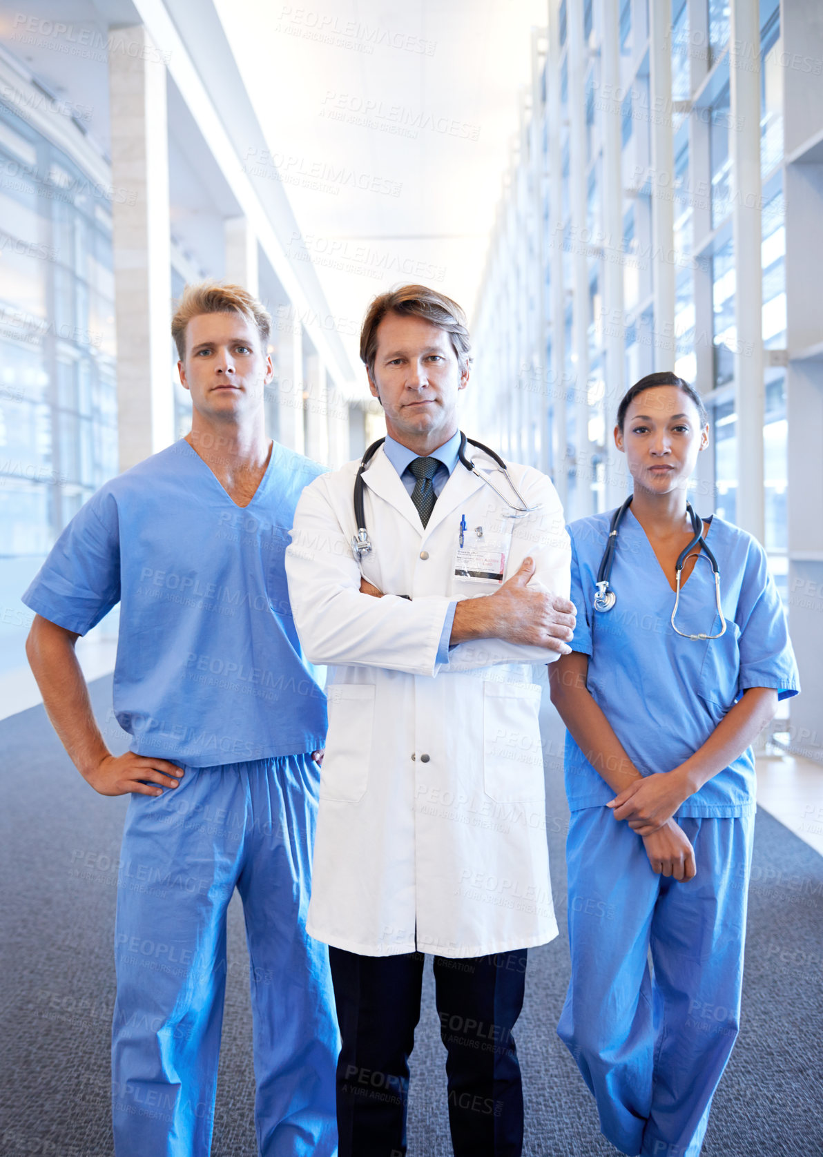 Buy stock photo Teamwork, crossed arms and portrait of doctors in hospital for medical service, insurance and support. Healthcare workers, lab and men and women in clinic for collaboration, consulting and medicine