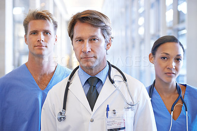 Buy stock photo Healthcare team, serious and portrait of doctors in hospital for medical service, insurance and support. Professional nurses, clinic and men and women for collaboration, consulting and medicine