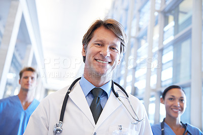 Buy stock photo Teamwork, healthcare and portrait of doctors in hospital for medical service, insurance and support. Professional nurses, clinic and happy men and women for collaboration, consulting and medicine