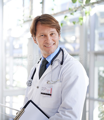 Buy stock photo Doctor, smile and portrait with clipboard in hospital for schedule, report or patient records with stethoscope. Medical professional, face and paper for information, checklist or health insurance