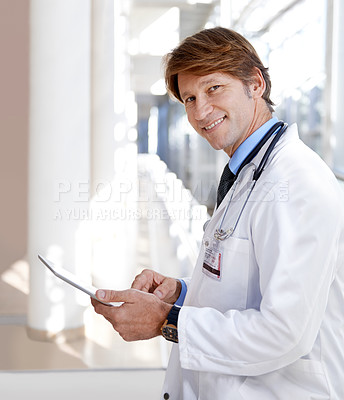 Buy stock photo Happy, tablet and portrait of doctor in hospital reading medical chart for diagnosis or treatment. Smile, digital technology and male healthcare worker with documents in medicare clinic corridor.