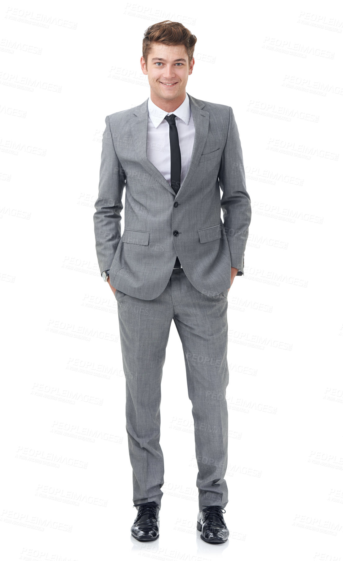 Buy stock photo Professional, white background and portrait of business man with confidence, pride and corporate style for work. Happy, fashion and isolated person smile for career, job and opportunity in studio