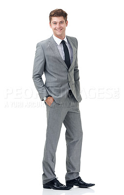 Buy stock photo Corporate, white background and portrait of business man with confidence, pride and professional style for work. Happy, fashion and isolated person smile for career, job and opportunity in studio