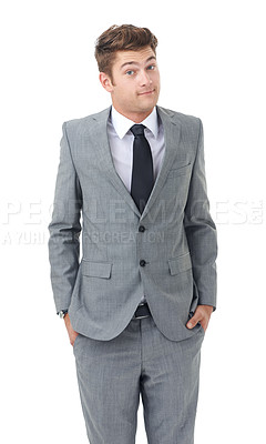 Buy stock photo Studio, portrait and young businessman for confused professional with shrug and decision by white background. Lawyer, doubt and face with confusion in mock up and corporate consultant in law career