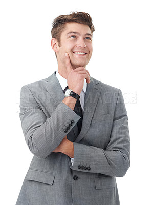 Buy stock photo Thinking, happy and portrait of businessman in studio with decision, choice or planning facial expression. Smile, ideas and professional male person with brainstorming face by white background.