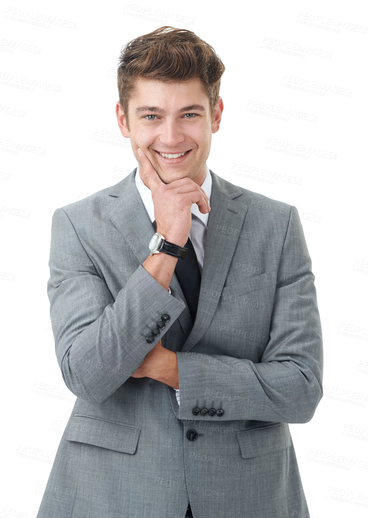Buy stock photo Thinking, smile and portrait of businessman in studio with decision, choice or planning facial expression. Happy, ideas and professional male person with brainstorming face by white background.