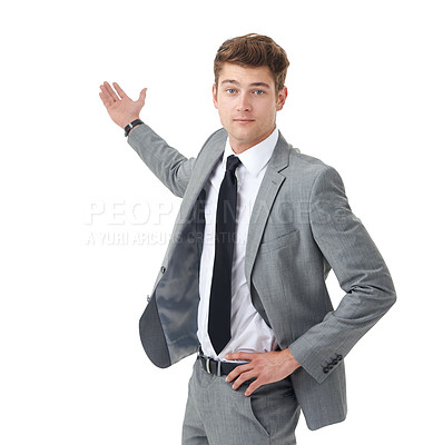 Buy stock photo Studio, portrait and business man with offer with advice for vote, choice or career decision. Announcement, opportunity or promotion with professional businessman showing space on white background.
