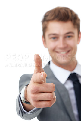 Buy stock photo Studio, portrait and businessman with pointing in mock up and decision in recruitment by white background. Manager, happy face and human resources for hiring or onboarding and invitation in close up