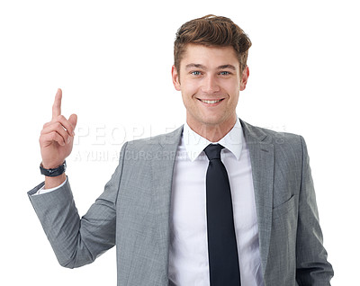 Buy stock photo Studio, business and man in portrait pointing up at growth, profit or sales increase with deal offer. Announcement, opportunity or promotion with happy businessman showing space on white background