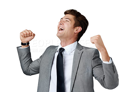 Buy stock photo Smile, success and winner with business man in studio isolated on white background for celebration. Corporate, wow and professional with happy young employee cheering for bonus or promotion in suit
