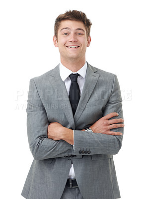 Buy stock photo Portrait, smile and arms crossed with business man in studio isolated on white background for career. Corporate, professional and confident with happy young employee in suit for ambition or pride