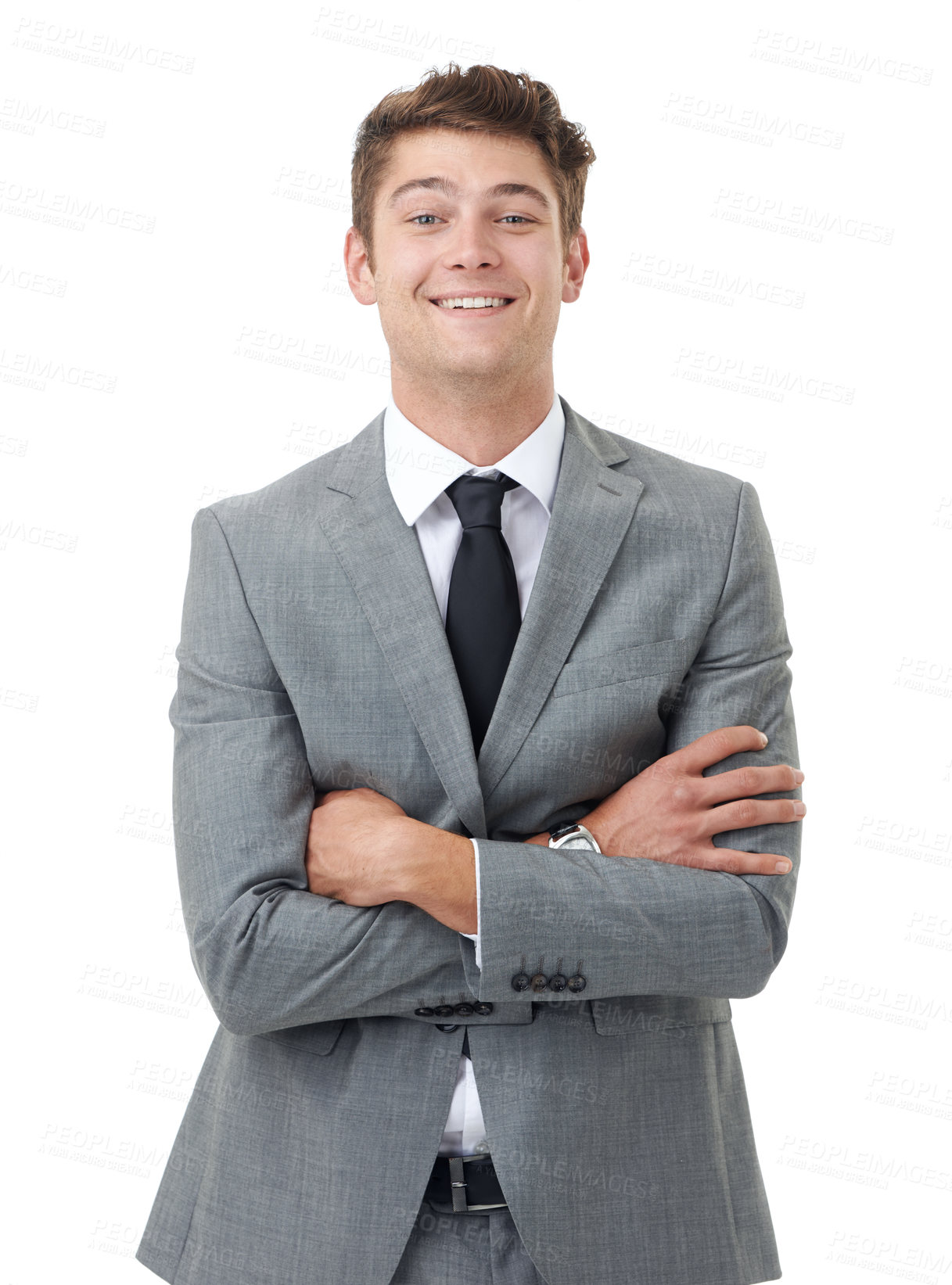 Buy stock photo Portrait, smile and arms crossed with business man in studio isolated on white background for career. Corporate, professional and confident with happy young employee in suit for ambition or pride