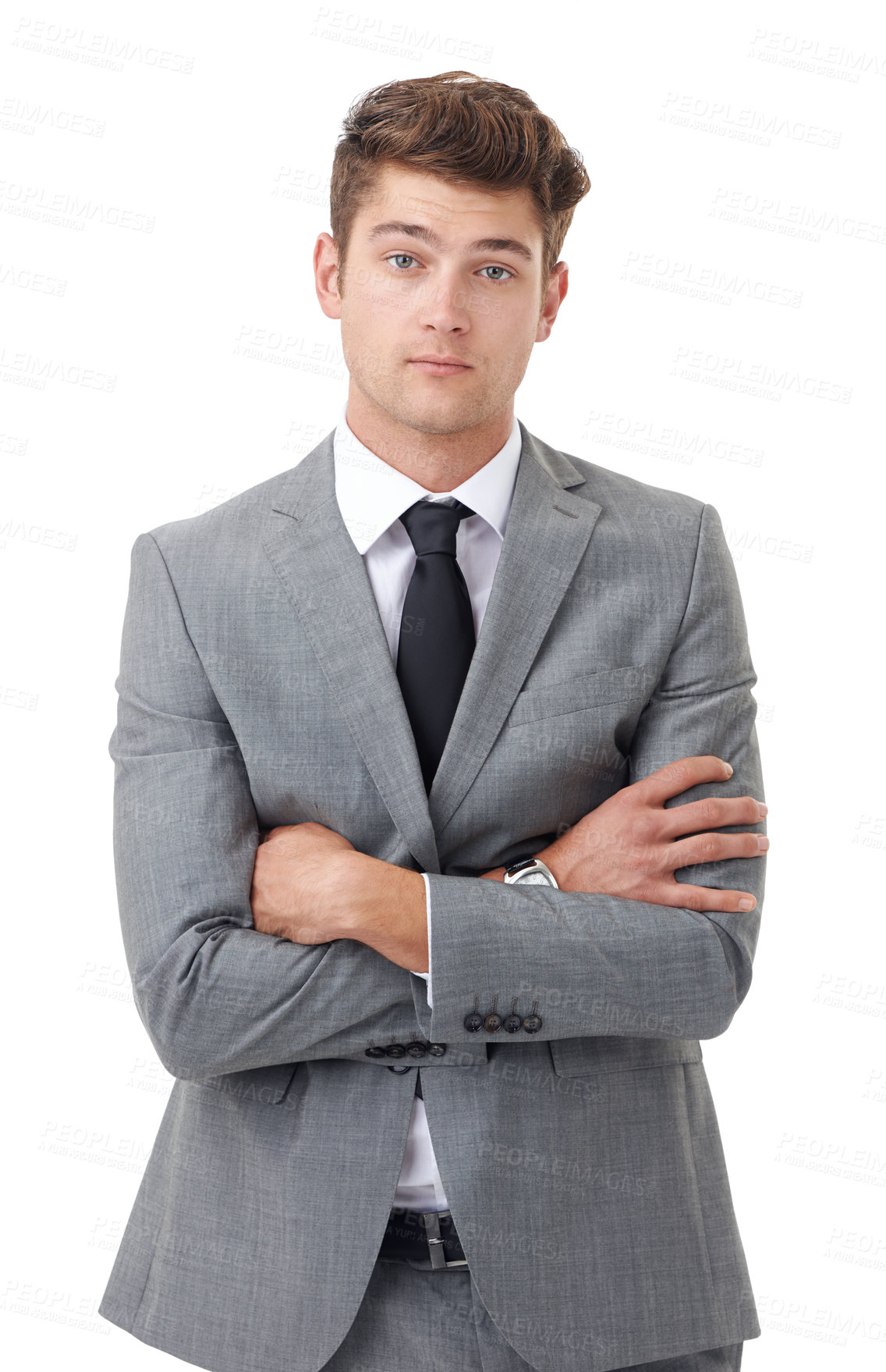 Buy stock photo Portrait, serious and arms crossed with business man in studio isolated on white background for review. Company, corporate and mission with young human resources employee in suit for feedback