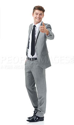 Buy stock photo Thumbs up, businessman or happy portrait in studio for vote agreement, deal or success by white background. Lawyer, smile face and mockup for approval of winner, thank you and referral with support