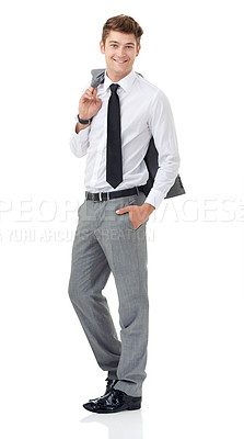 Buy stock photo Studio, portrait or young businessman with smile in fashion suit or professional attorney by white background. Lawyer, positive and face with pride for law career and corporate style jacket in mockup