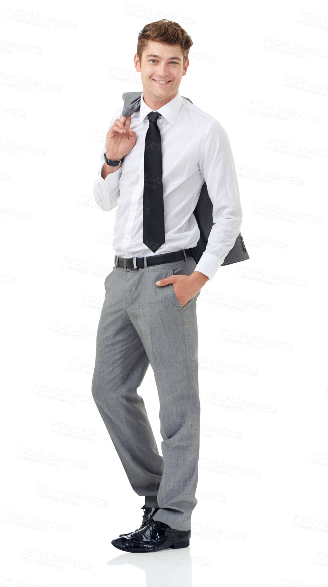 Buy stock photo Studio, portrait or young businessman with smile in fashion suit or professional attorney by white background. Lawyer, positive and face with pride for law career and corporate style jacket in mockup