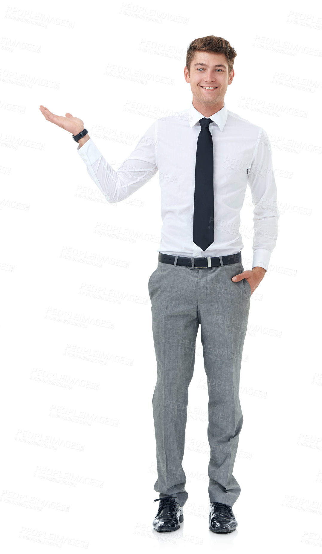 Buy stock photo Portrait, business and man with presentation, showing and employee isolated on white studio background. Person, model or entrepreneur with confidence and promotion with opportunity, smile or decision