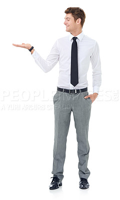 Buy stock photo Studio, business and man with presentation, smile and mockup for deal, offer or advice. Announcement, opportunity or promotion with happy professional businessman showing space on white background.