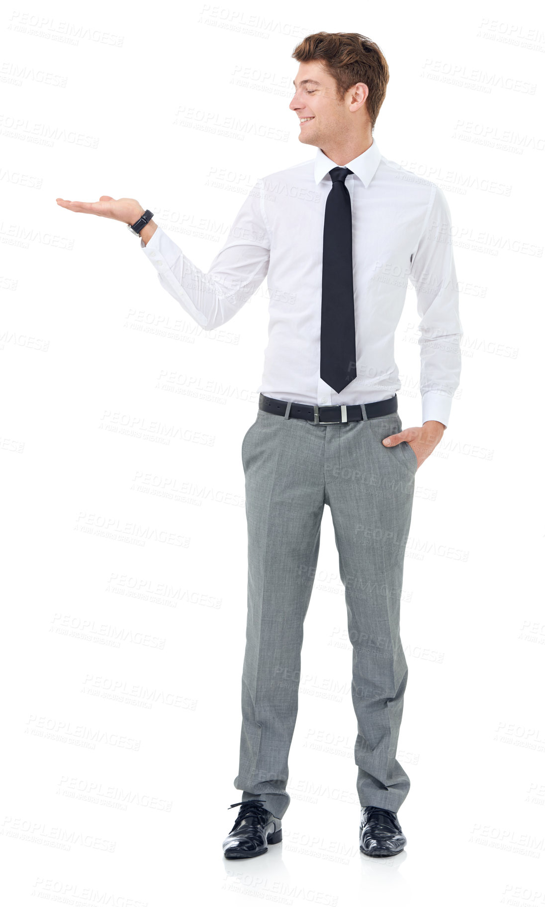 Buy stock photo Studio, business and man with presentation, smile and mockup for deal, offer or advice. Announcement, opportunity or promotion with happy professional businessman showing space on white background.