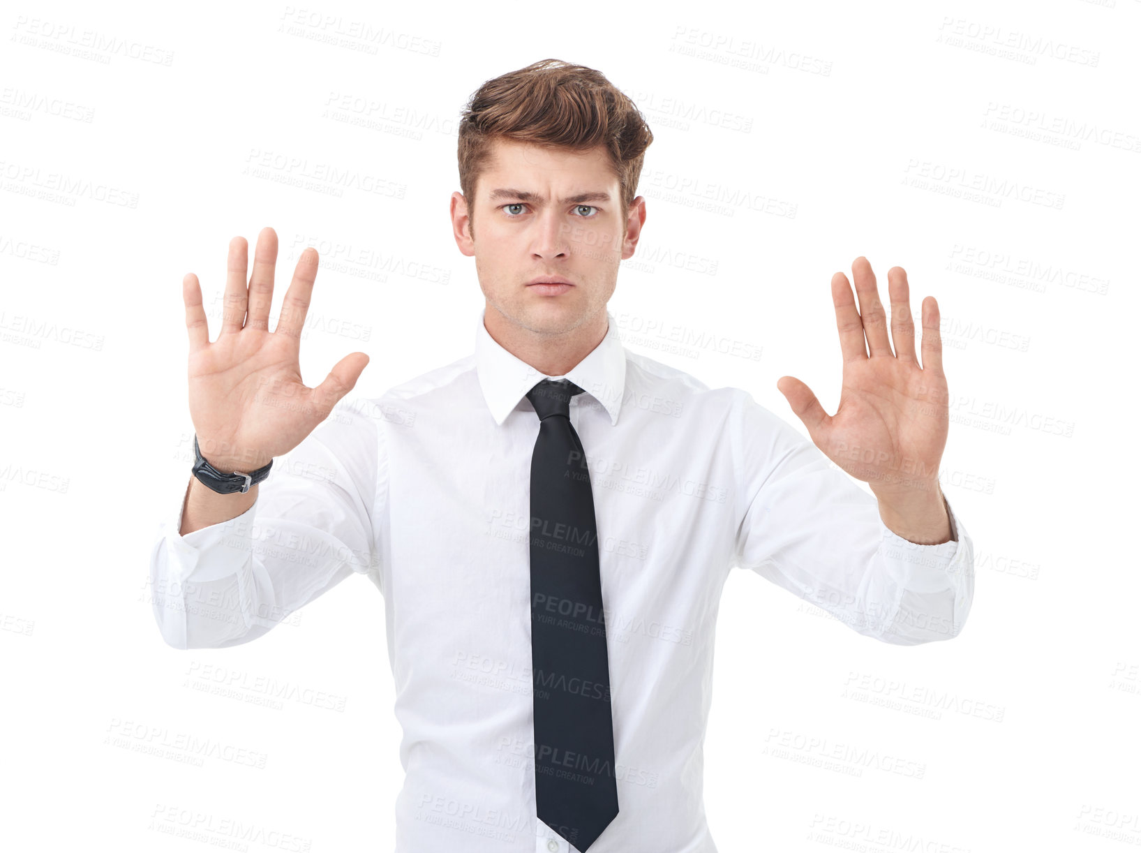 Buy stock photo Portrait, business and man with stop, hands up and warning isolated on a white studio background. Face, serious person and model with review and employee with feedback and sign language with risk