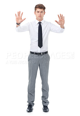 Buy stock photo Portrait, business and man with hands up, stop and employee isolated on white studio background. Person, mockup space and professional with hand gesture and warning with rejection, deny ir consultant