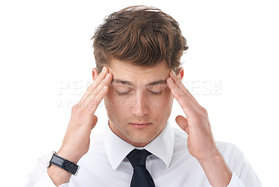 Buy stock photo Businessman, hands and temple headache or pain in studio as corporate lawyer or burnout, fatigue or migraine. Male person, stress and brain fog or white background for overtime, vertigo or mockup